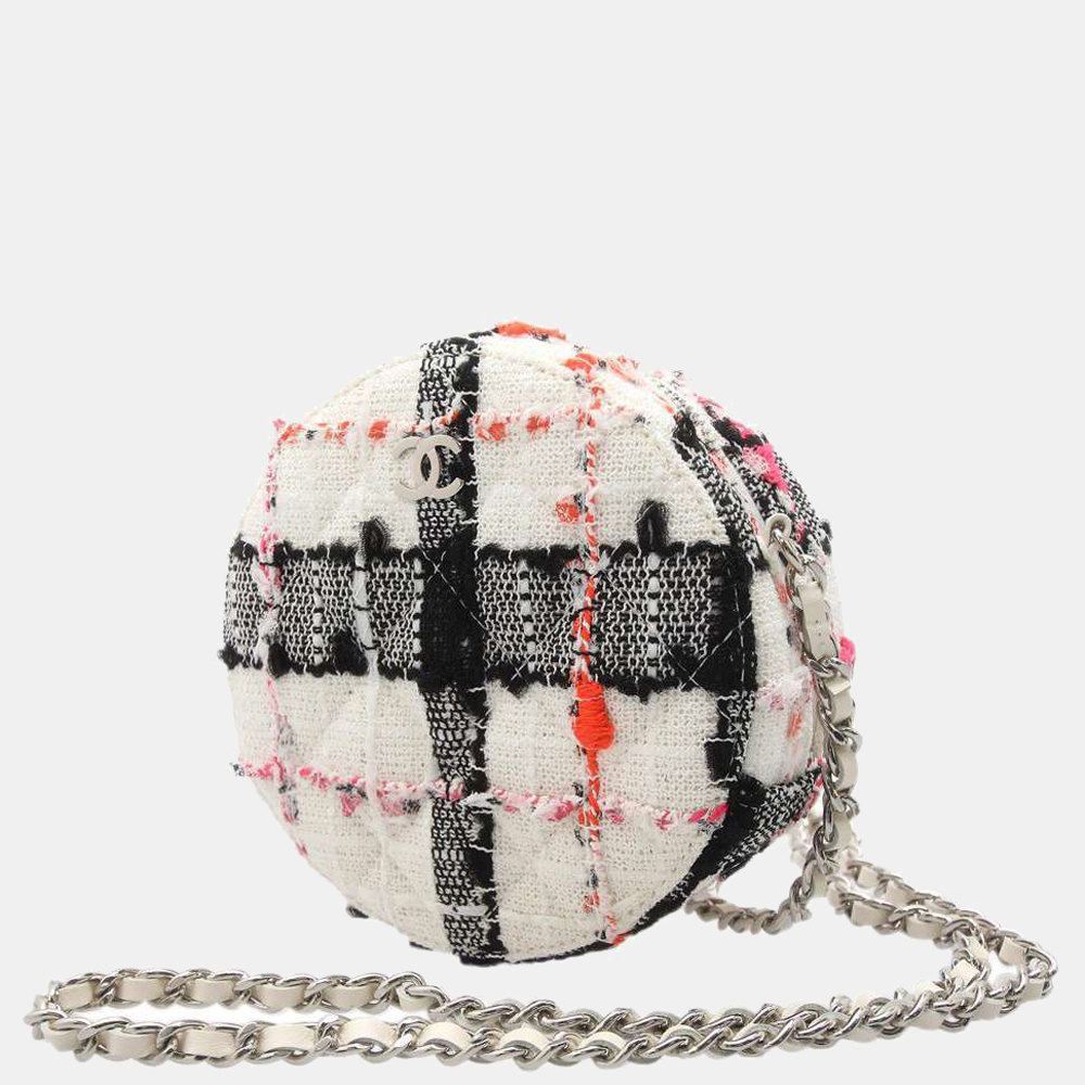 Pre-owned Chanel White/black Tweed Small Cc Logo Round Chain