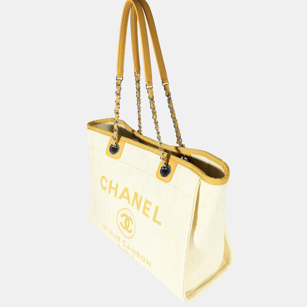 

Chanel Yellow Canvas Leather Raffia Small Deauville Tote Bag