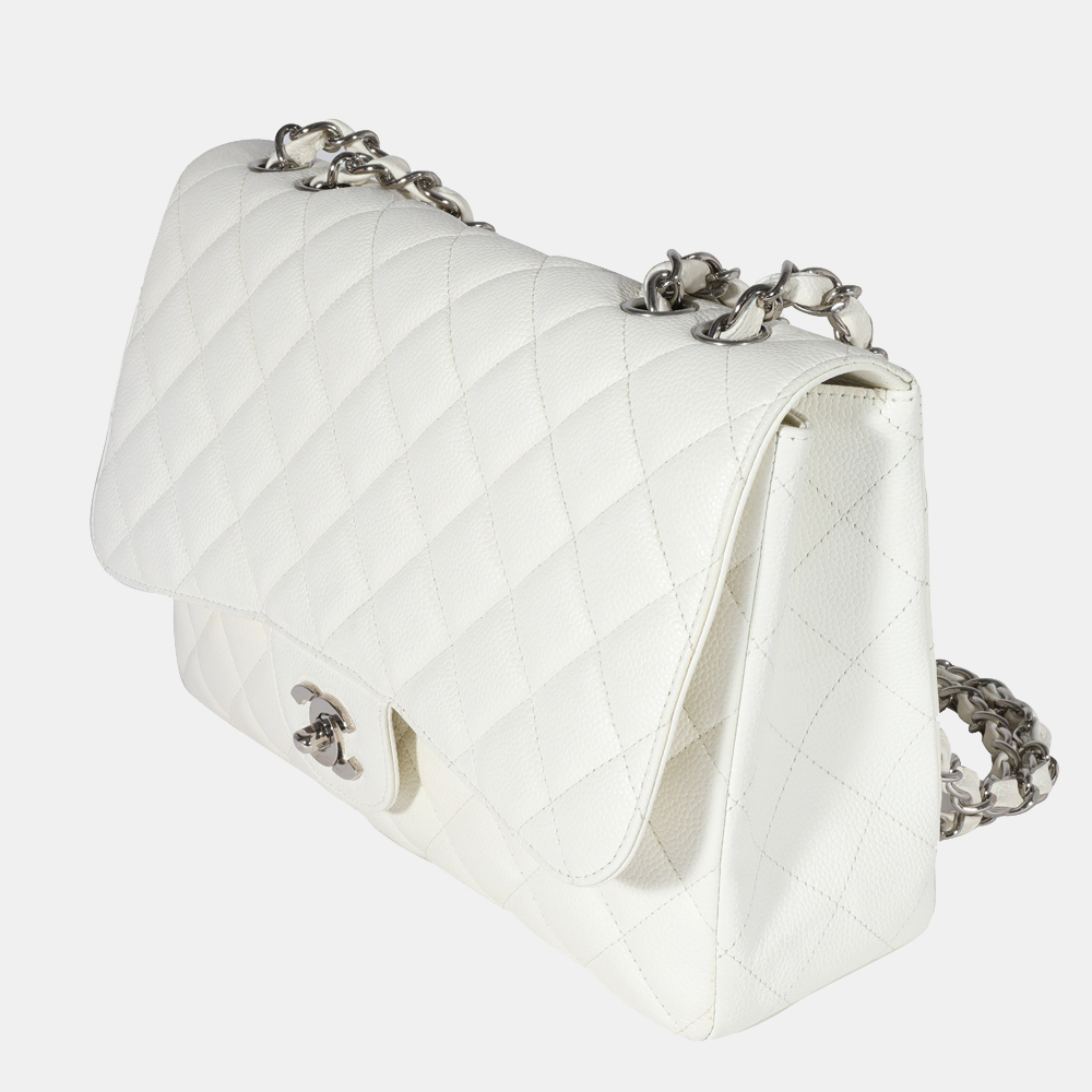 

Chanel White Quilted Caviar Leather Jumbo Classic Single Flap Shoulder Bag