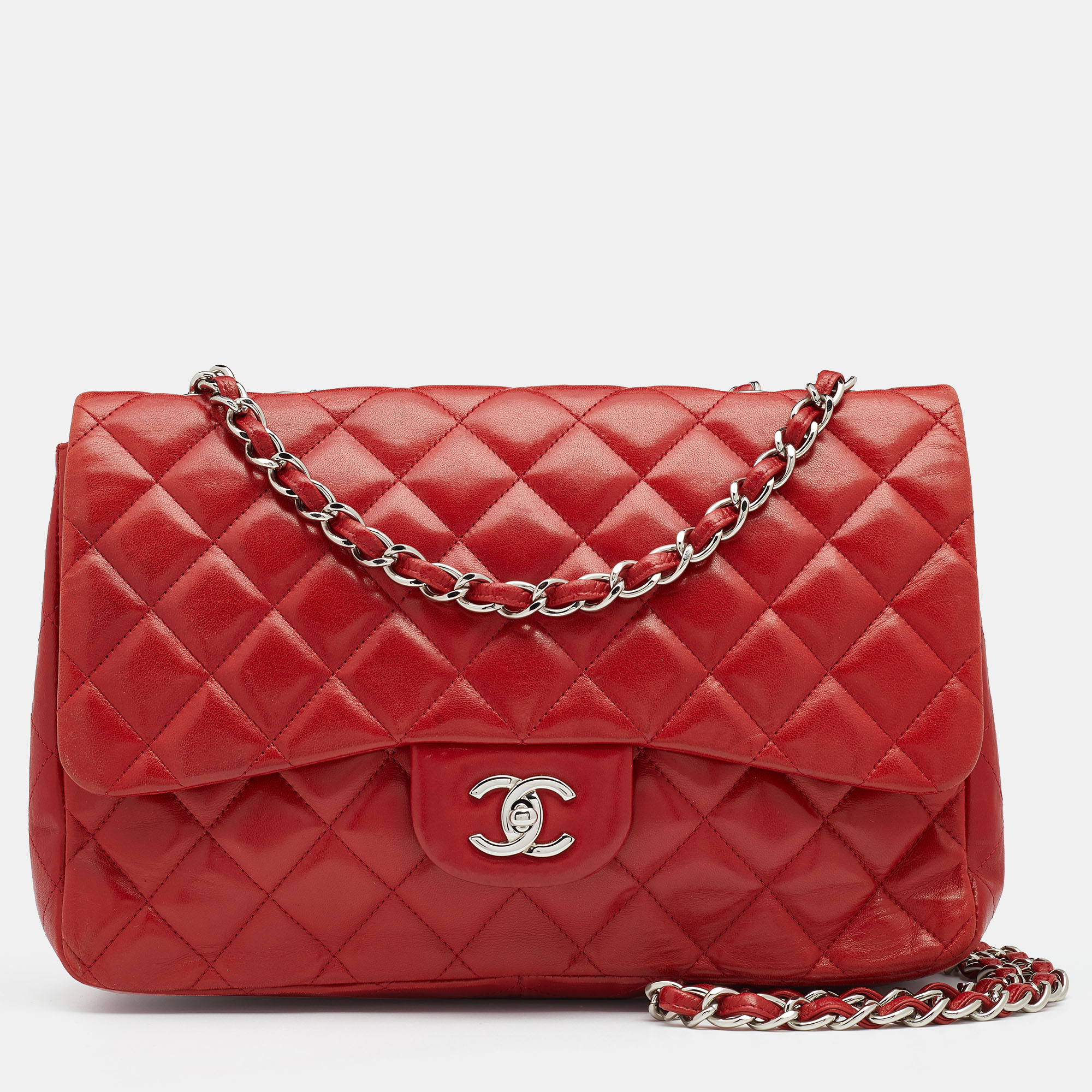 مملوكة مسبقًا حقيبة شانيل جامبو كلاسيك جلد مبطن أحمر بقلاب واحد