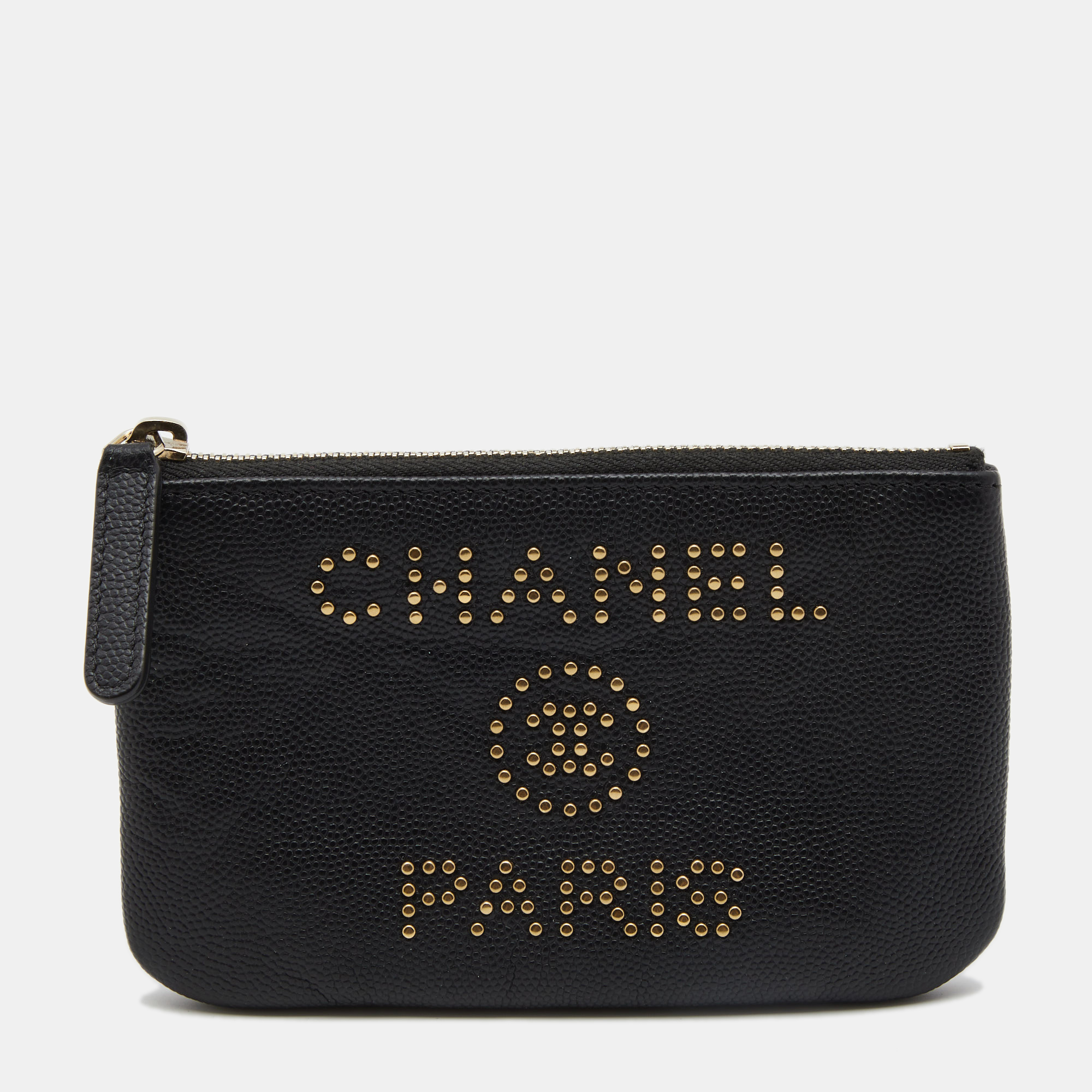 مملوكة مسبقًا Chanel Black Caviar Leather Deauville Studded Zip Case