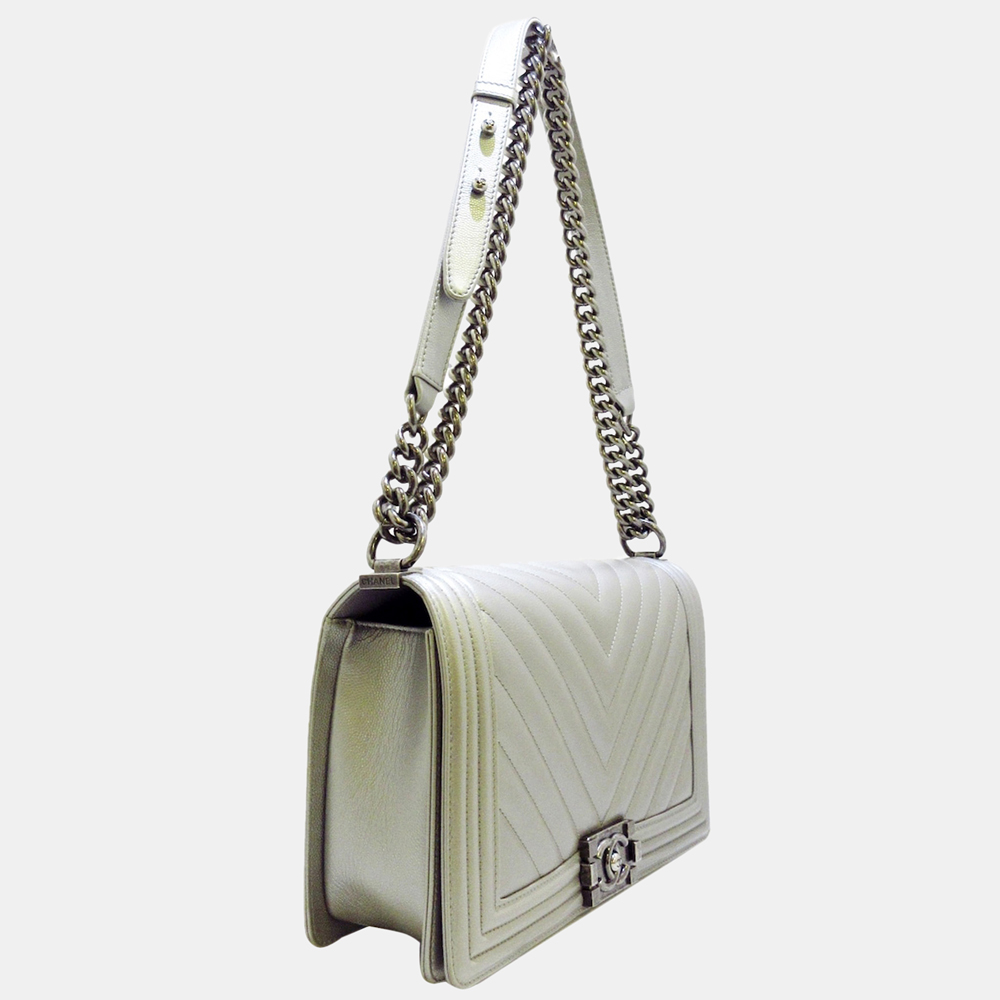 

Chanel Silver Chevron Boy Leather Flap Bag