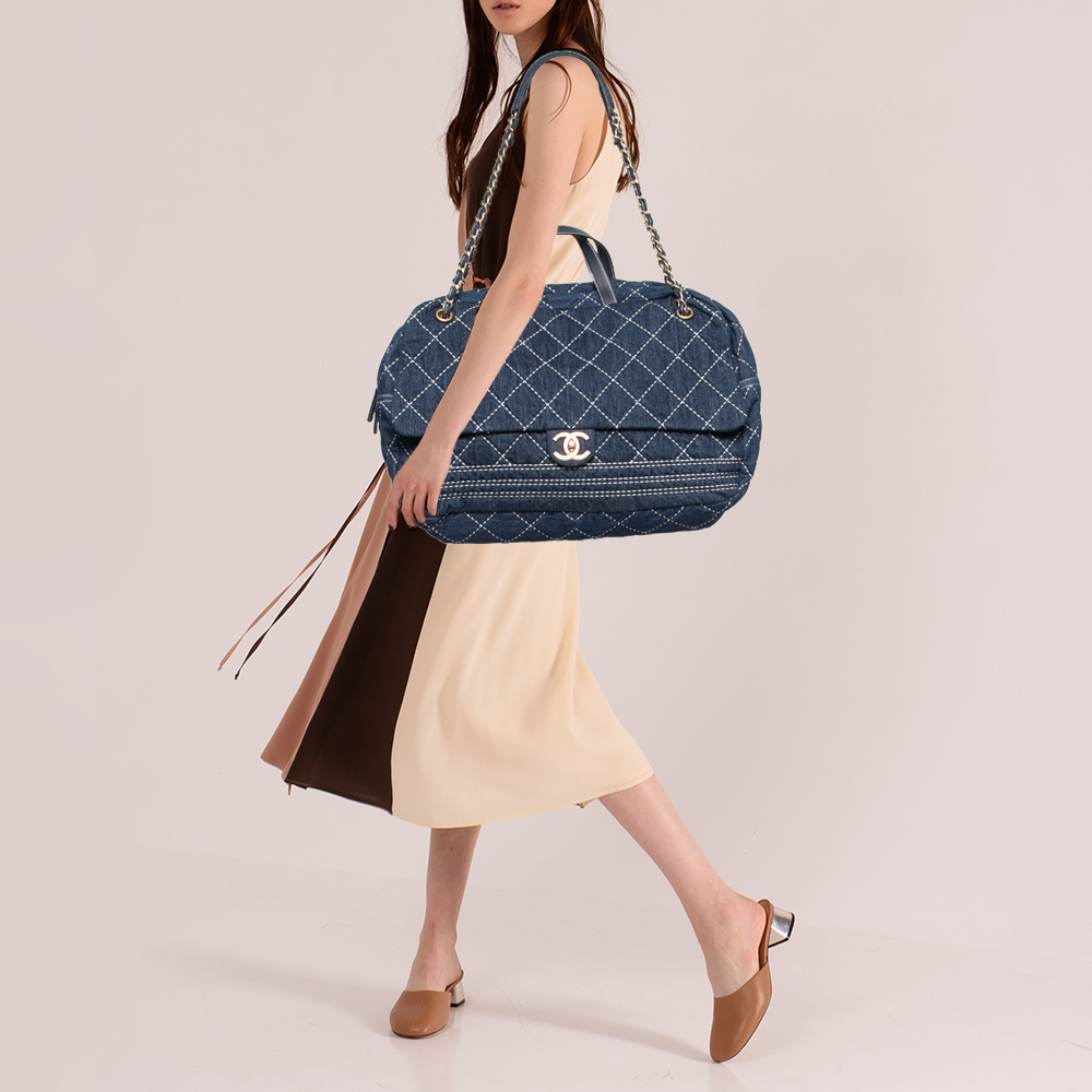 

Chanel Blue Quilted Denim Large Bowling Bag