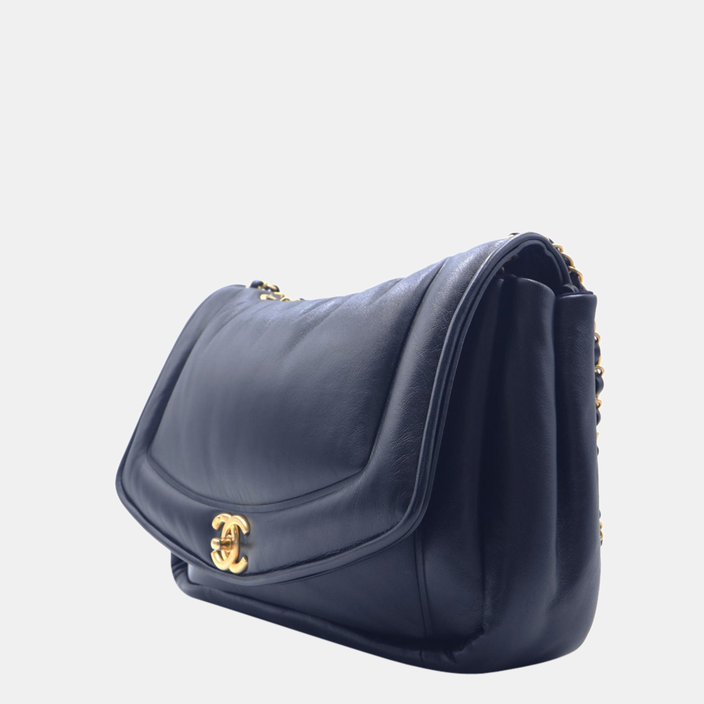 

Chanel Blue Leather Puffy Chain Flap Vintage Shoulder Bag