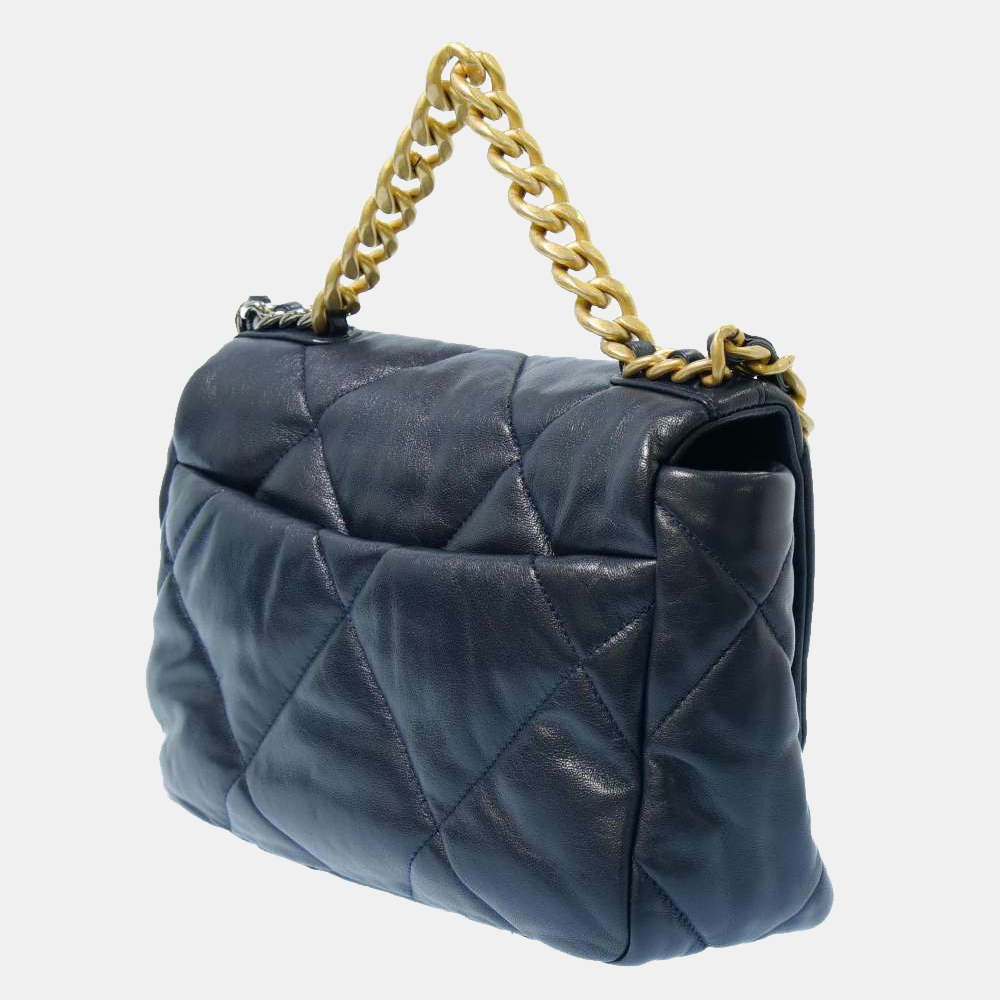 

Chanel Navy Lambskin Leather 19 Flap Chain Shoulder Bag, Navy blue