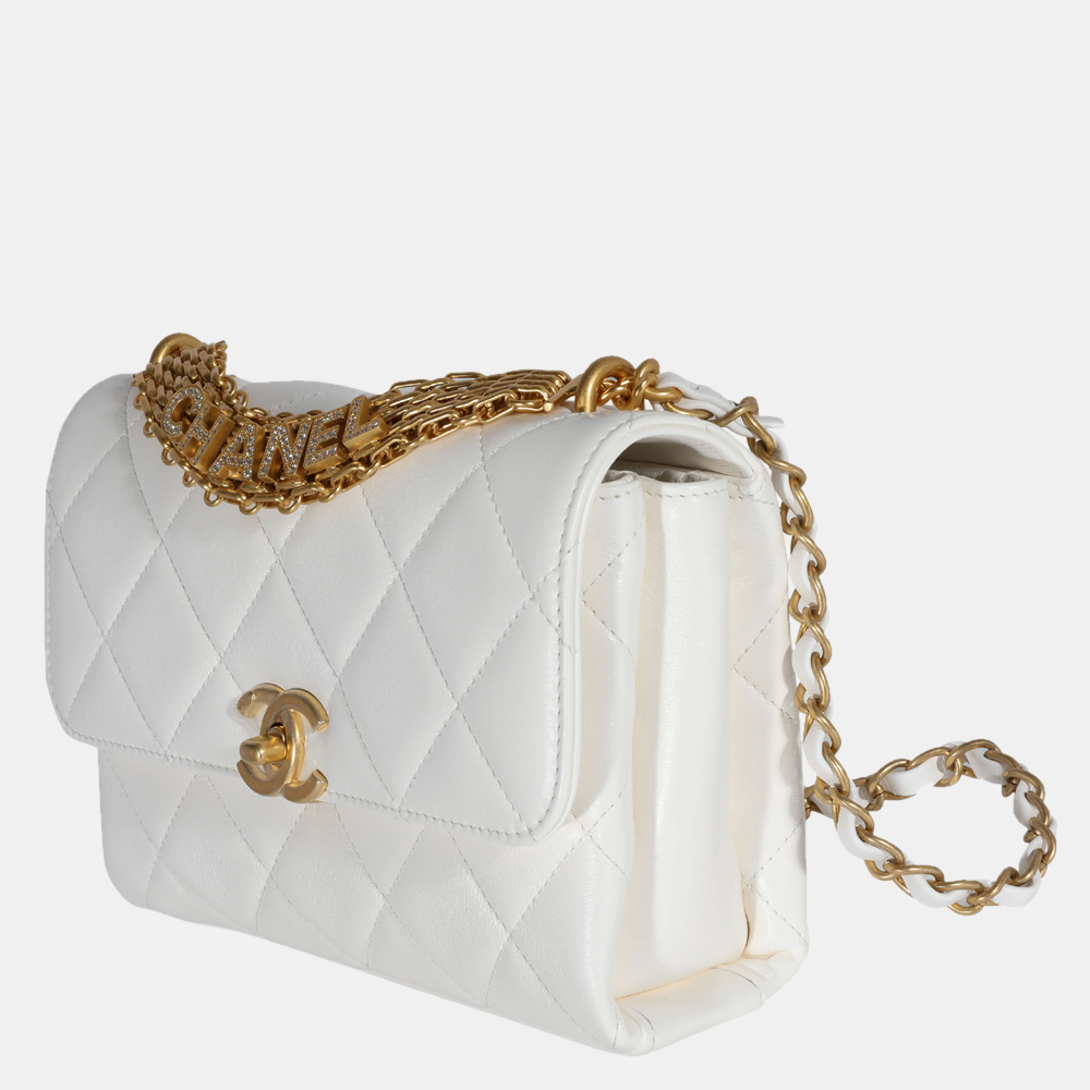

Chanel White Quilted Lambskin Leather Crystal Logo Chain Flap Shoulder Bag