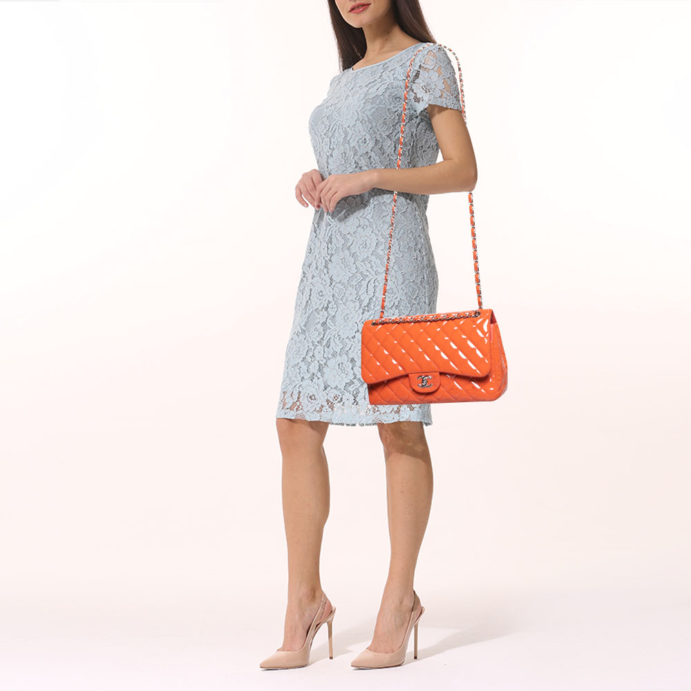 

Chanel Orange Quilted Patent Leather Jumbo Classic Double Flap Bag