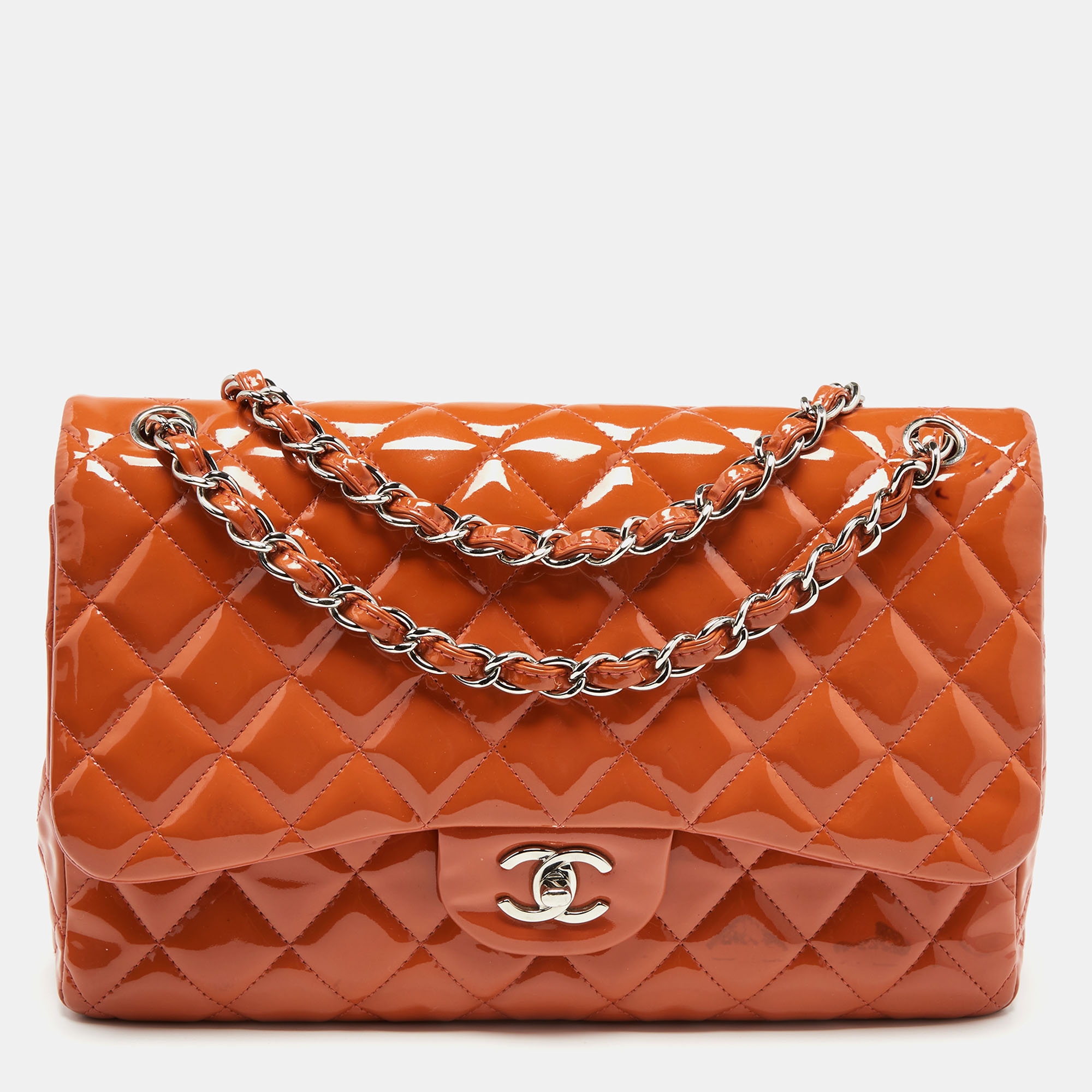Pre-owned Chanel Orange Quilted Patent Leather Jumbo Classic Double ...