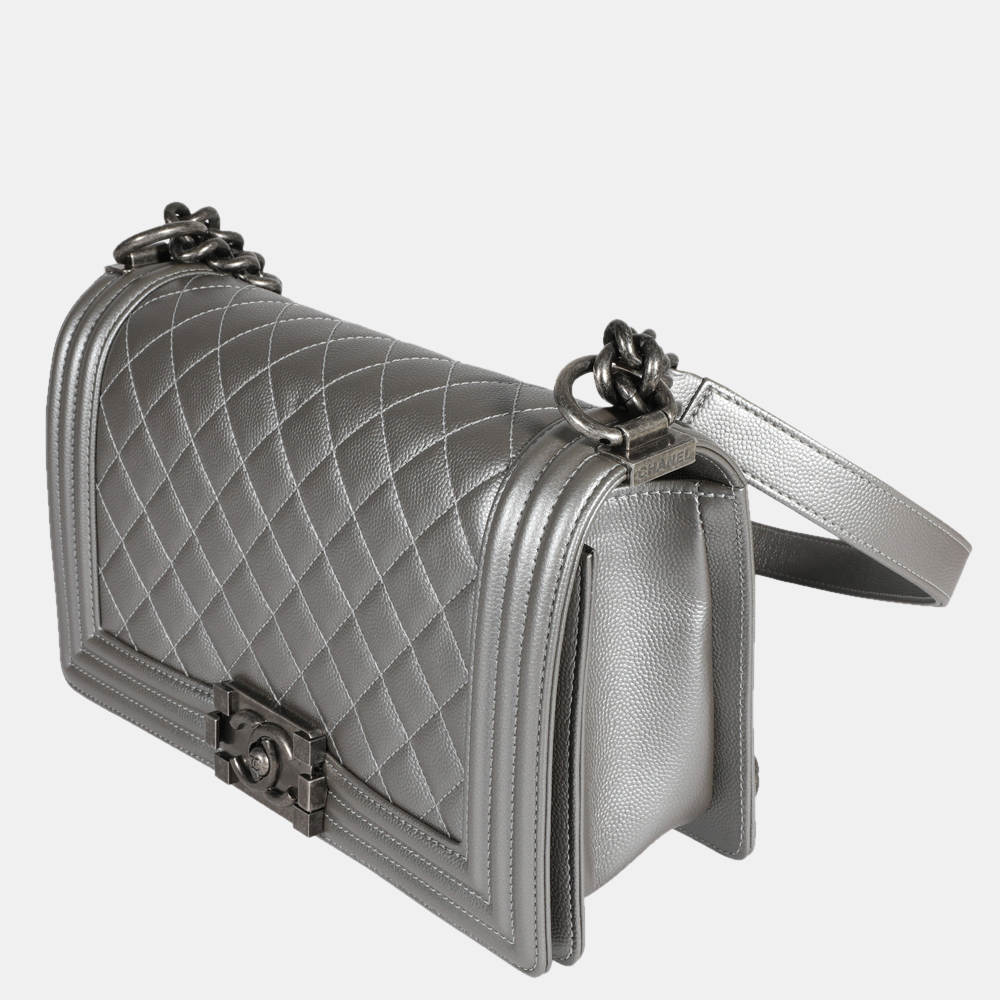 

Chanel Silver Quilted Caviar Leather Medium Boy Shoulder Bag