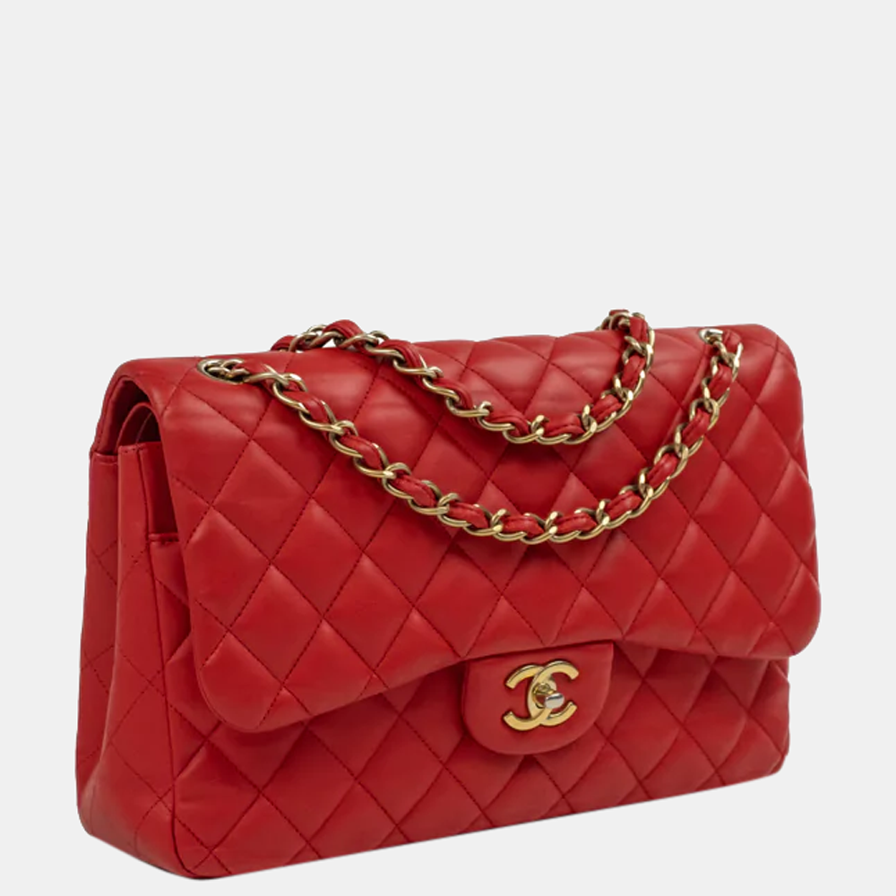 

Chanel Red Lambskin Leather Timeless Jumbo Double Flap Shoulder Bag