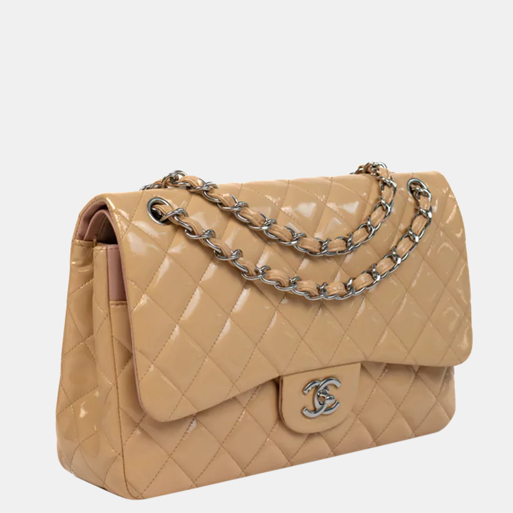 

Chanel Beige Patent Leather Timeless Double Flap Shoulder Bag