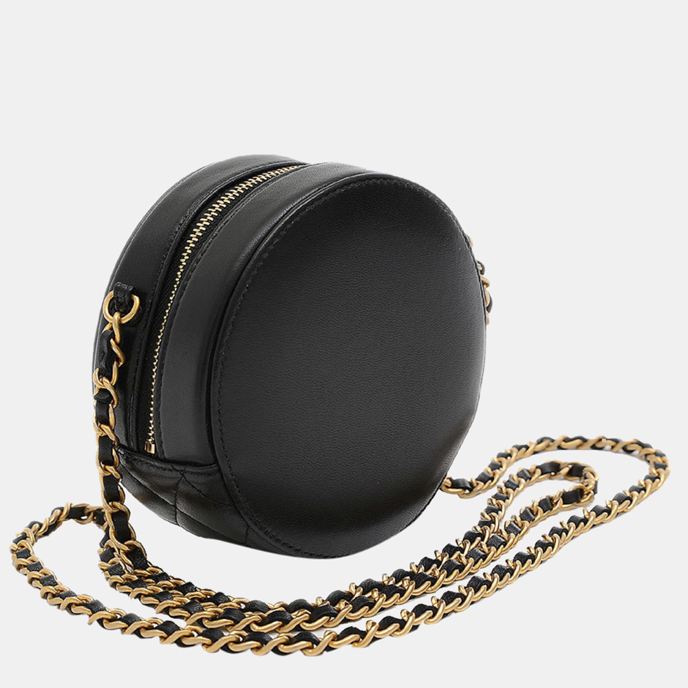 

Chanel Black Studded Lambskin Leather CC Round Clutch Bag