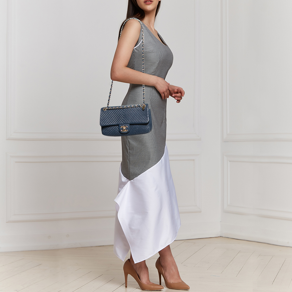 

Chanel Blue Chevron Leather  Classic Single Flap Bag