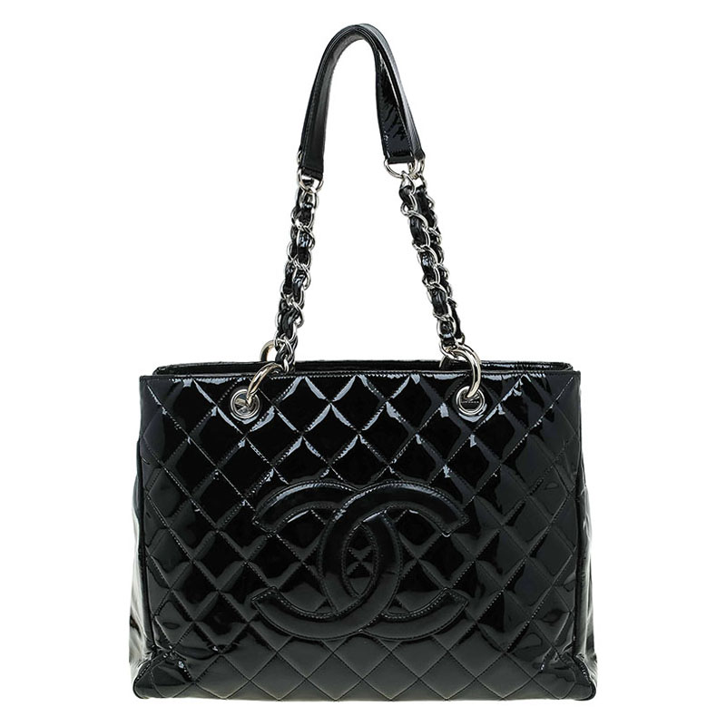 Pre Owned Chanel Black Quilted Patent Leather Grand Shopping Tote