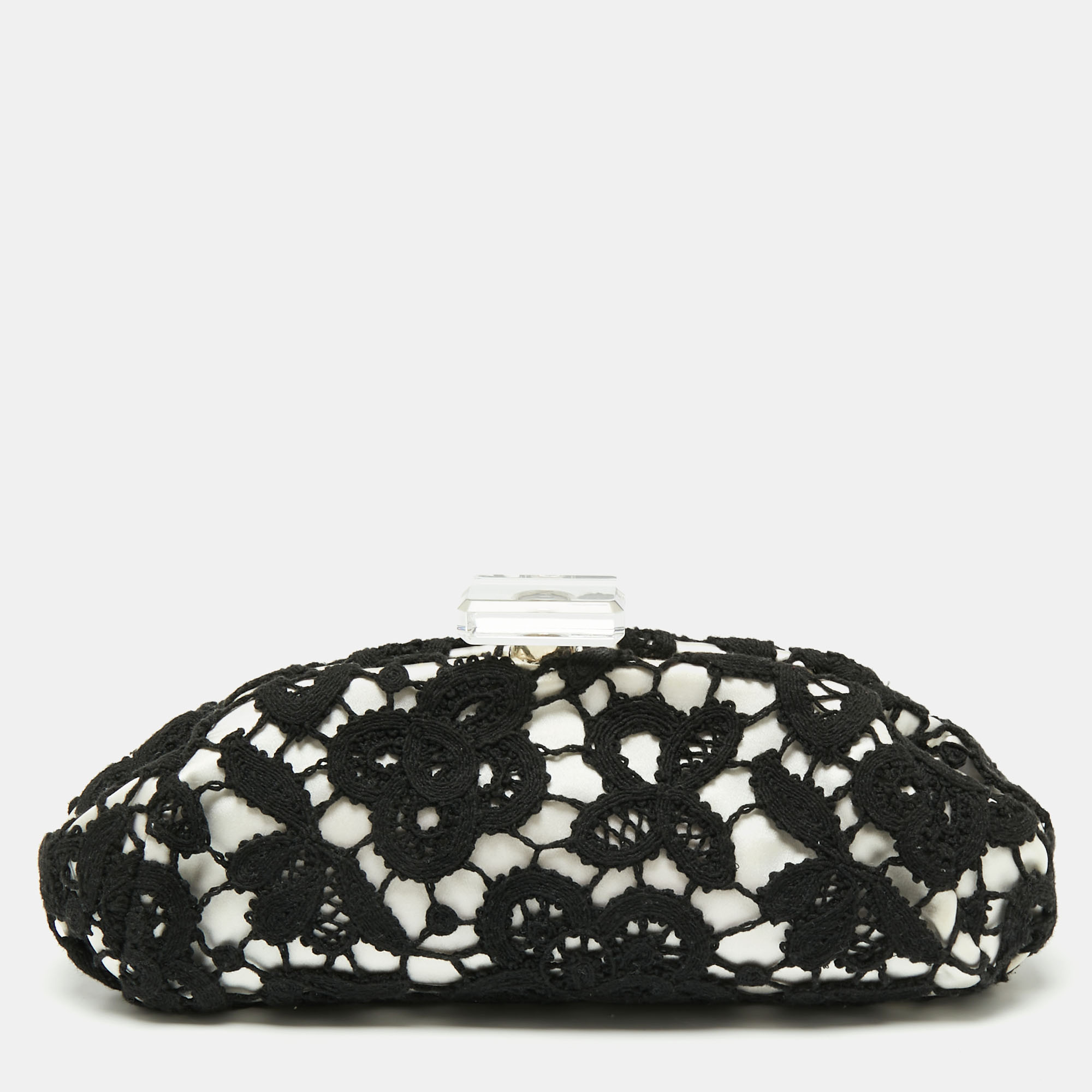 Pre Owned Chanel Black/White Lace CC Frame Clutch