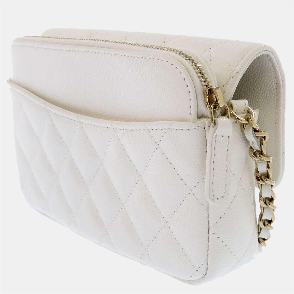 

Chanel White Caviar Leather Phone Holder Chain Flap Shoulder Bag