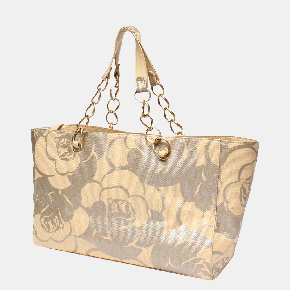 

Chanel Beige Leather Vintage Printed Floral Camellia CC Tote Bag