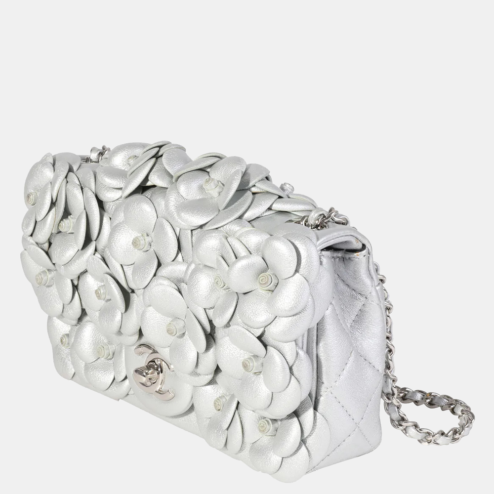 

Chanel Silver Quilted Leather Rectangular Mini Camellia Flap Bag