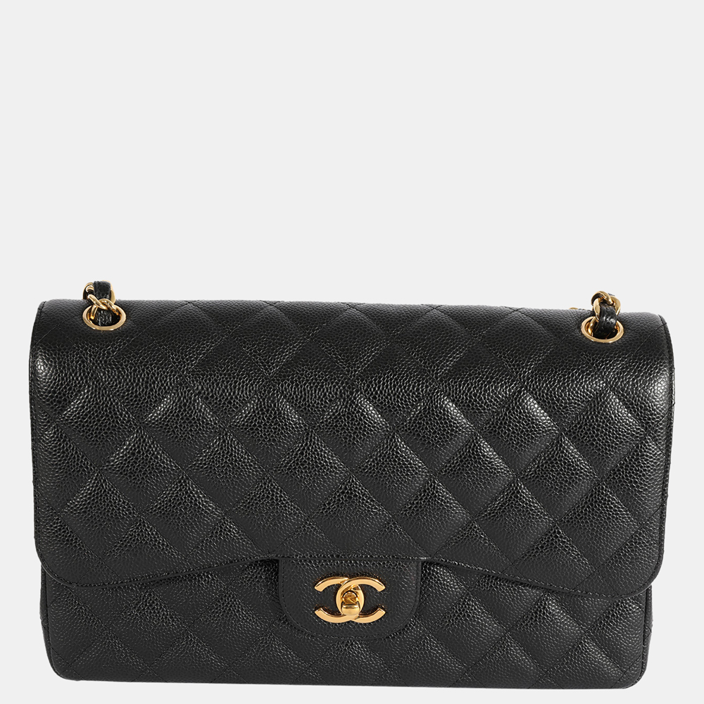Preowned Chanel Black Quilted Caviar Leather Jumbo Classic Double Flap