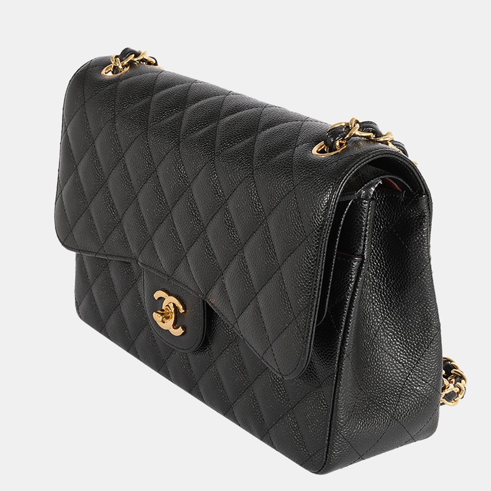 

Chanel Black Quilted Caviar Leather Jumbo Classic Double Flap Shoulder Bag