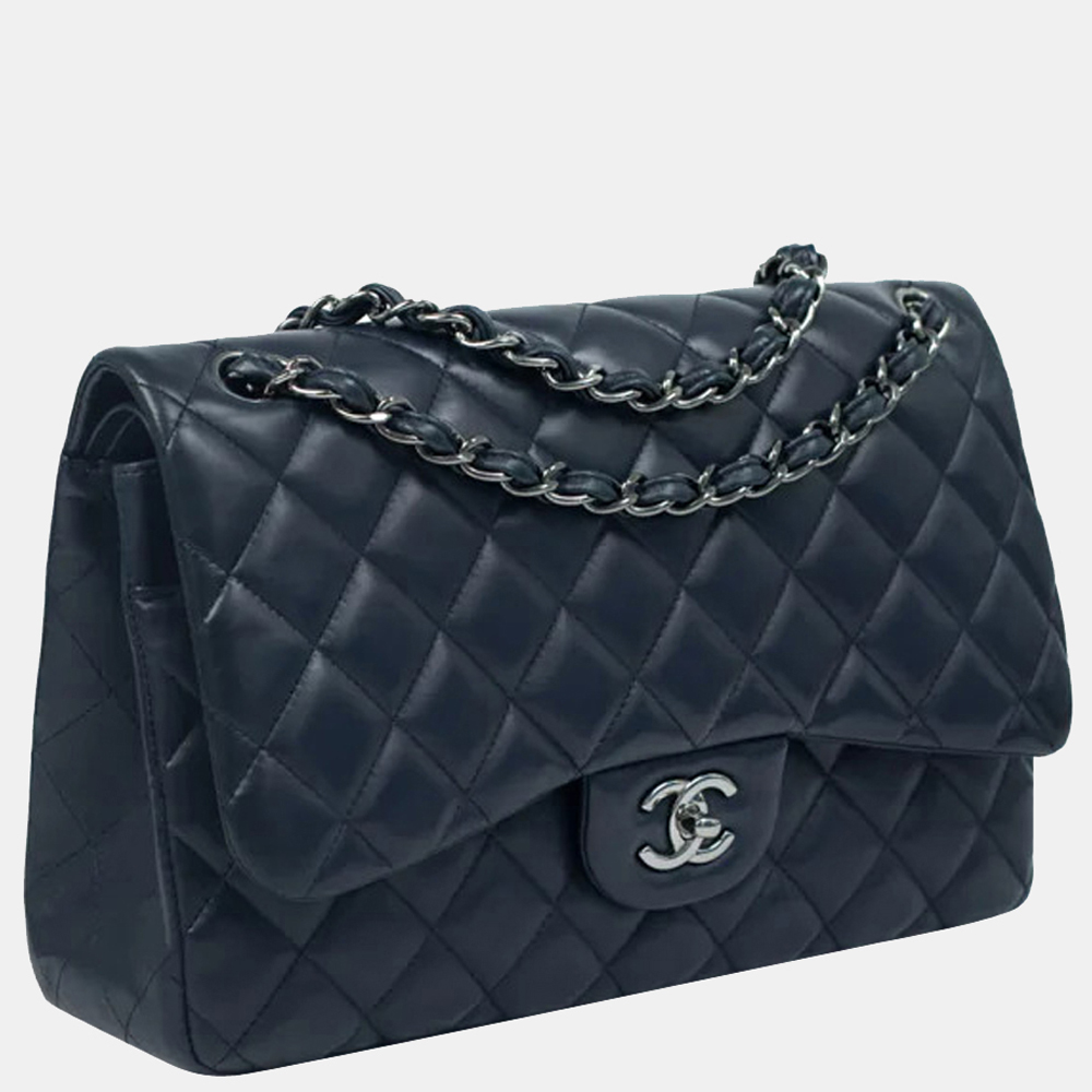 

Chanel Blue Lambskin Leather Timeless Jumbo Double Flap Shoulder Bag