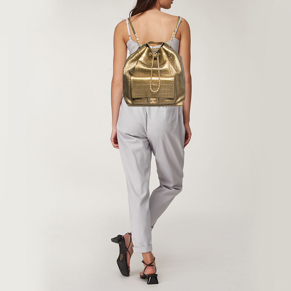 

Chanel Gold Croc Embossed Leather Drawstring Backpack