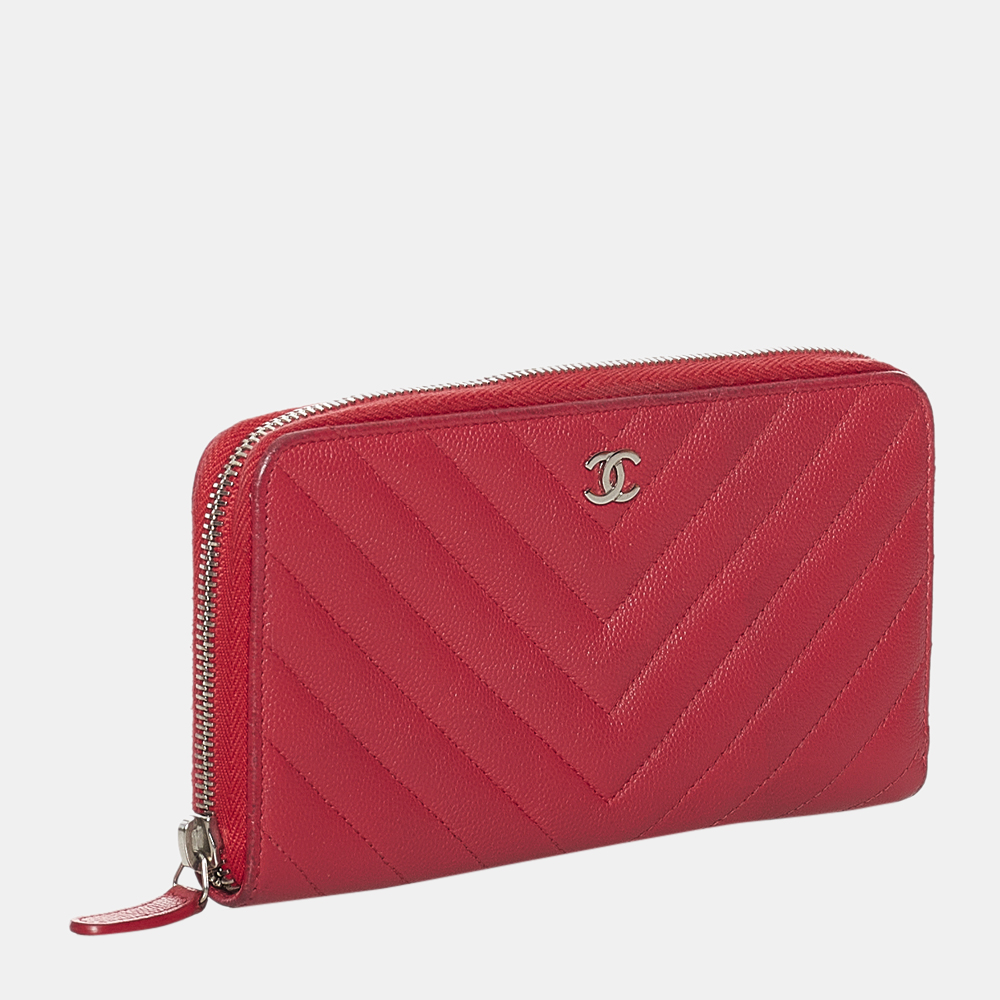 

Chanel Red Chevron Caviar Leather Zip Around Wallet