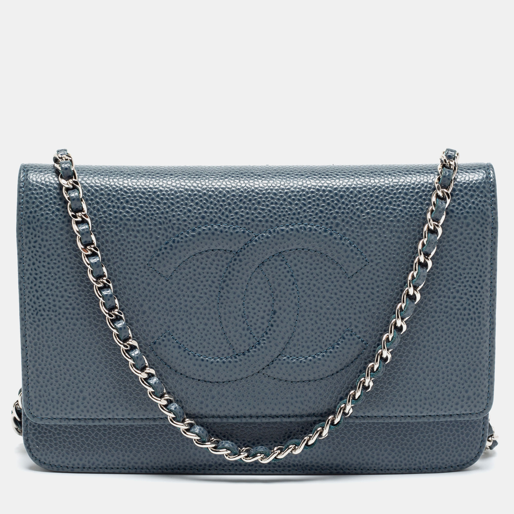 Pre Owned Chanel Blue Quilted Caviar Leather CC Timeless Wallet On Chain