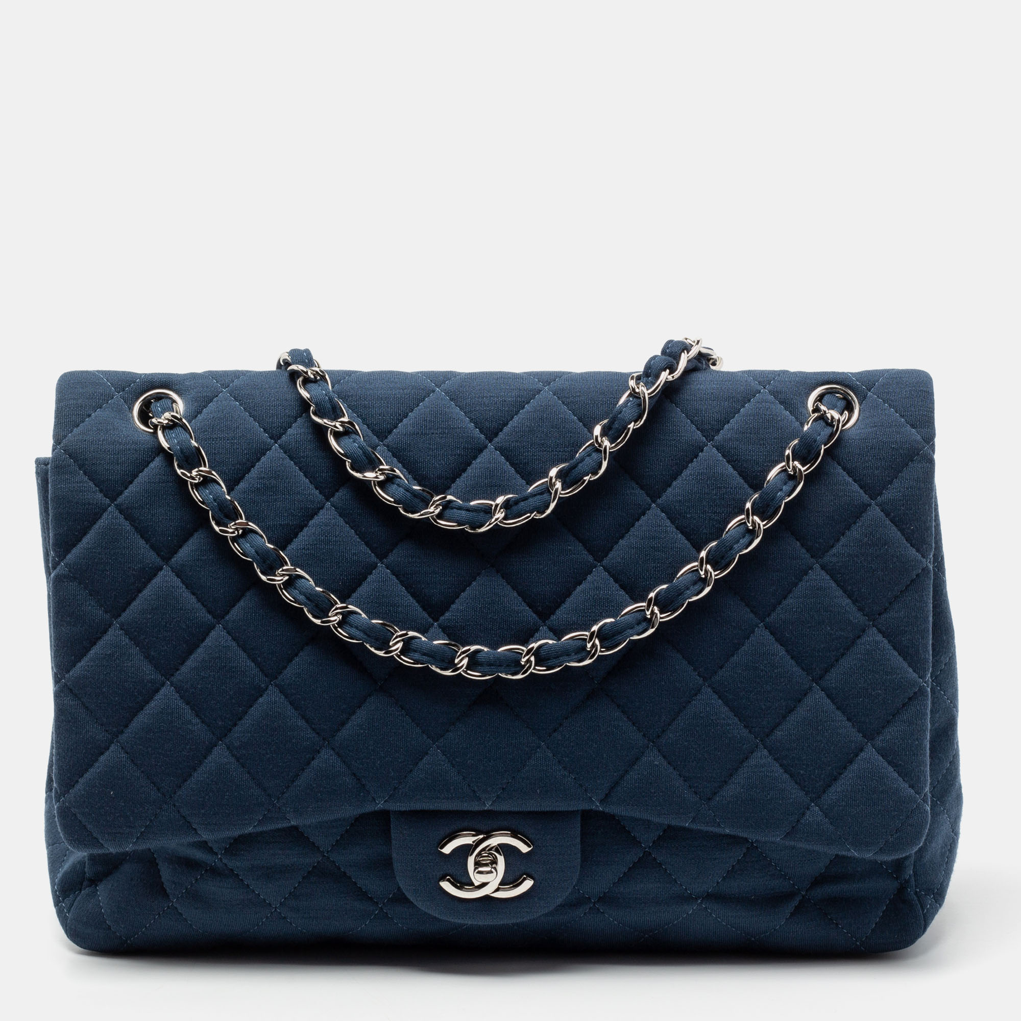 Pre Owned Chanel Blue Quilted Jersey Maxi Classic Single Flap Bag