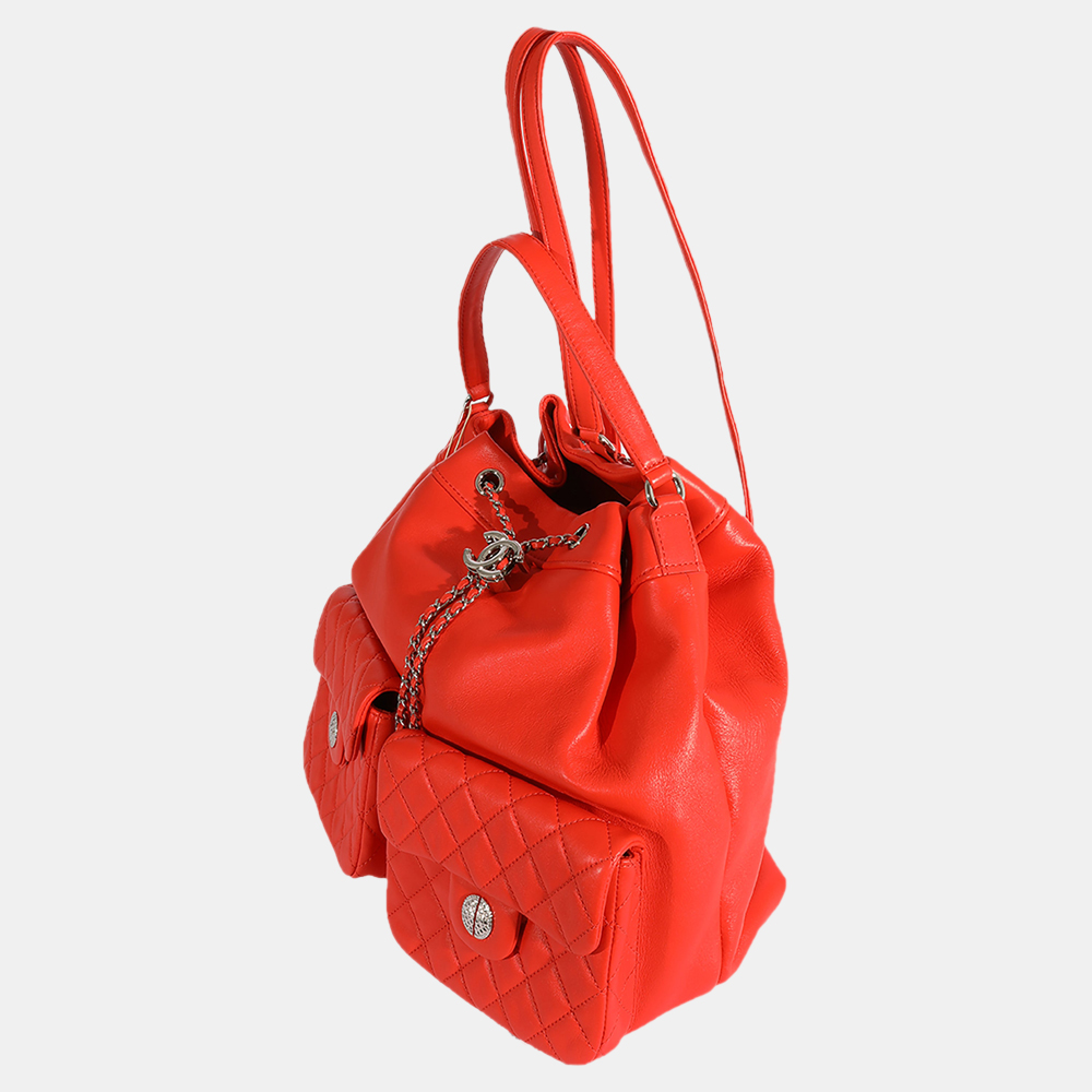 

Chanel Red Coral Calfskin Double Pocket Drawstring Backpack