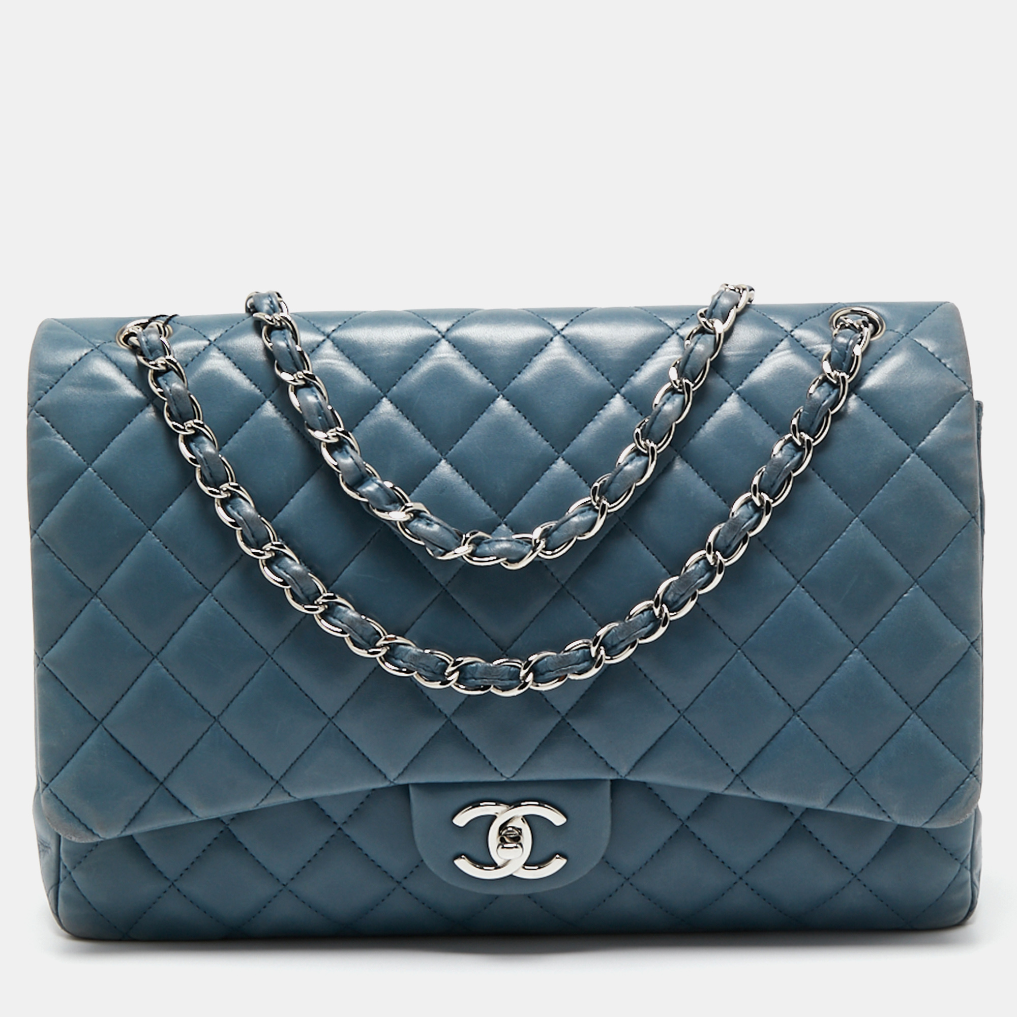 Chanel Blue Quilted Caviar Leather Maxi Classic Double Flap Bag