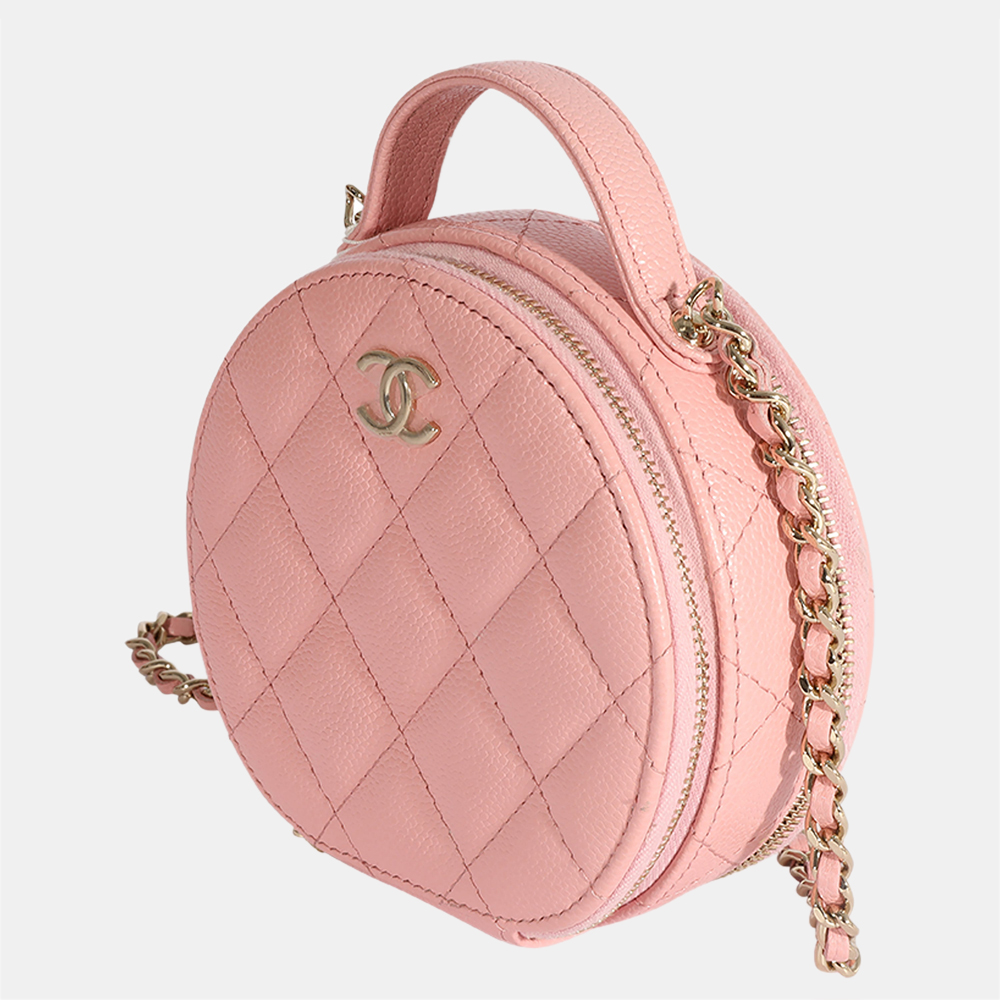 

Chanel Pink Quilted Caviar Round 'Handle With Care' Vanity Bag