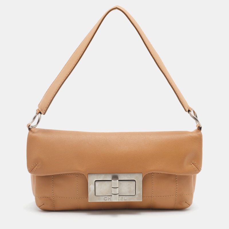 Pre Owned Chanel Beige Choco Bar Leather Mademoiselle Lock Flap Shoulder Bag