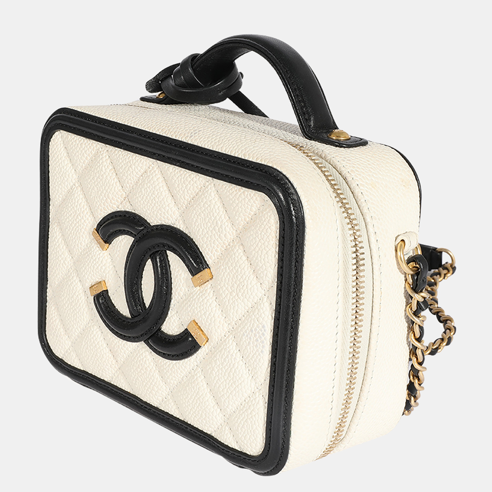

Chanel White Quilted Caviar Leather Small Filigree Vanity Case Shoulder Bag