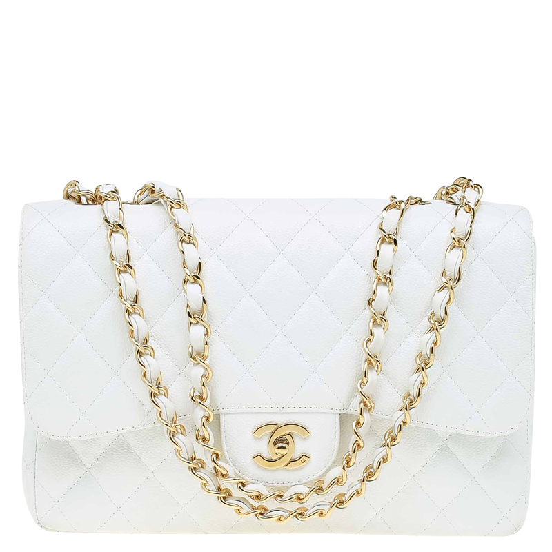 مملوكة مسبقًا Chanel White Quilted Caviar Leather Jumbo Classic Single Flap Bag