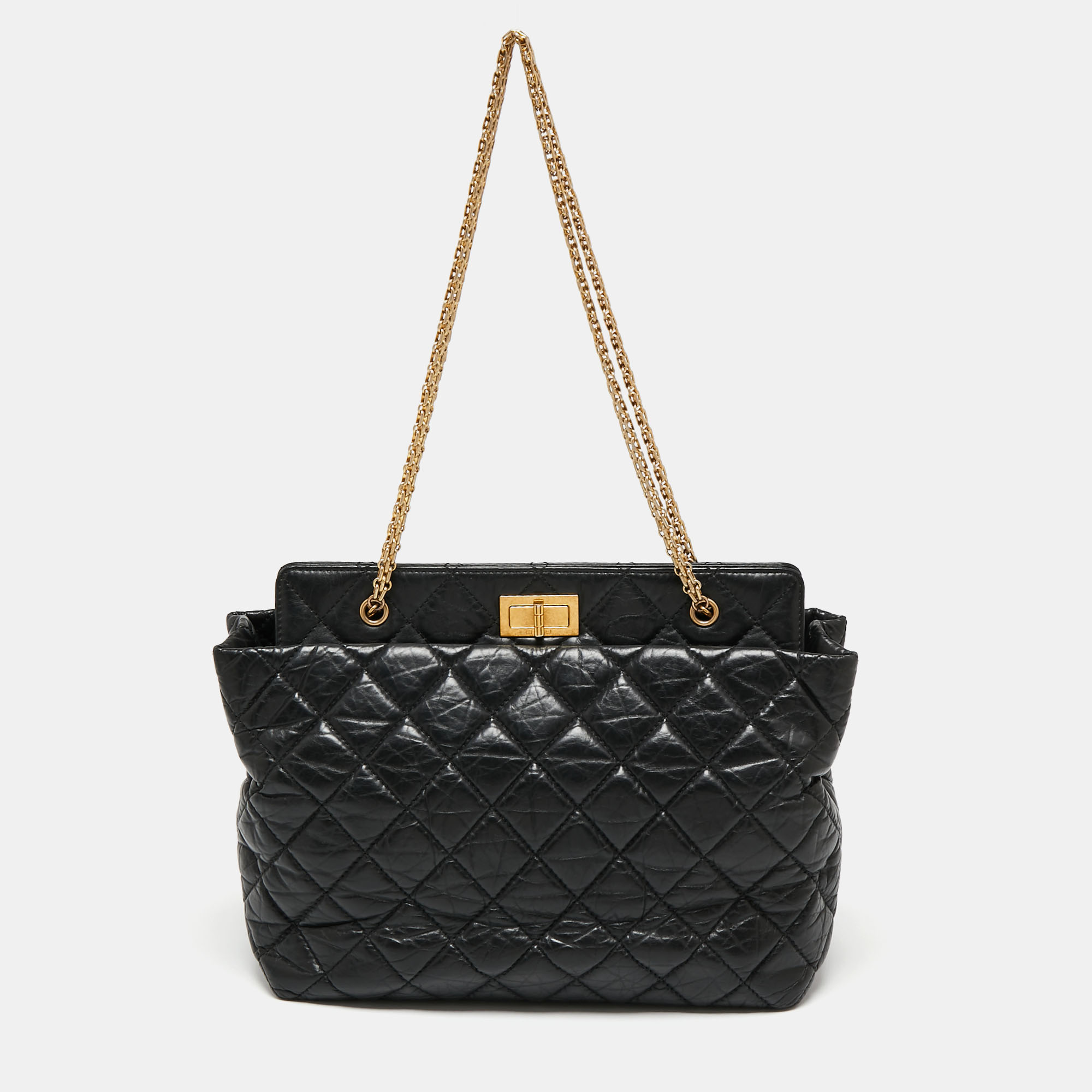 Pre Owned Chanel Black Quilted Crinkled Leather Reissue 2.55 Grand Shopping Bag