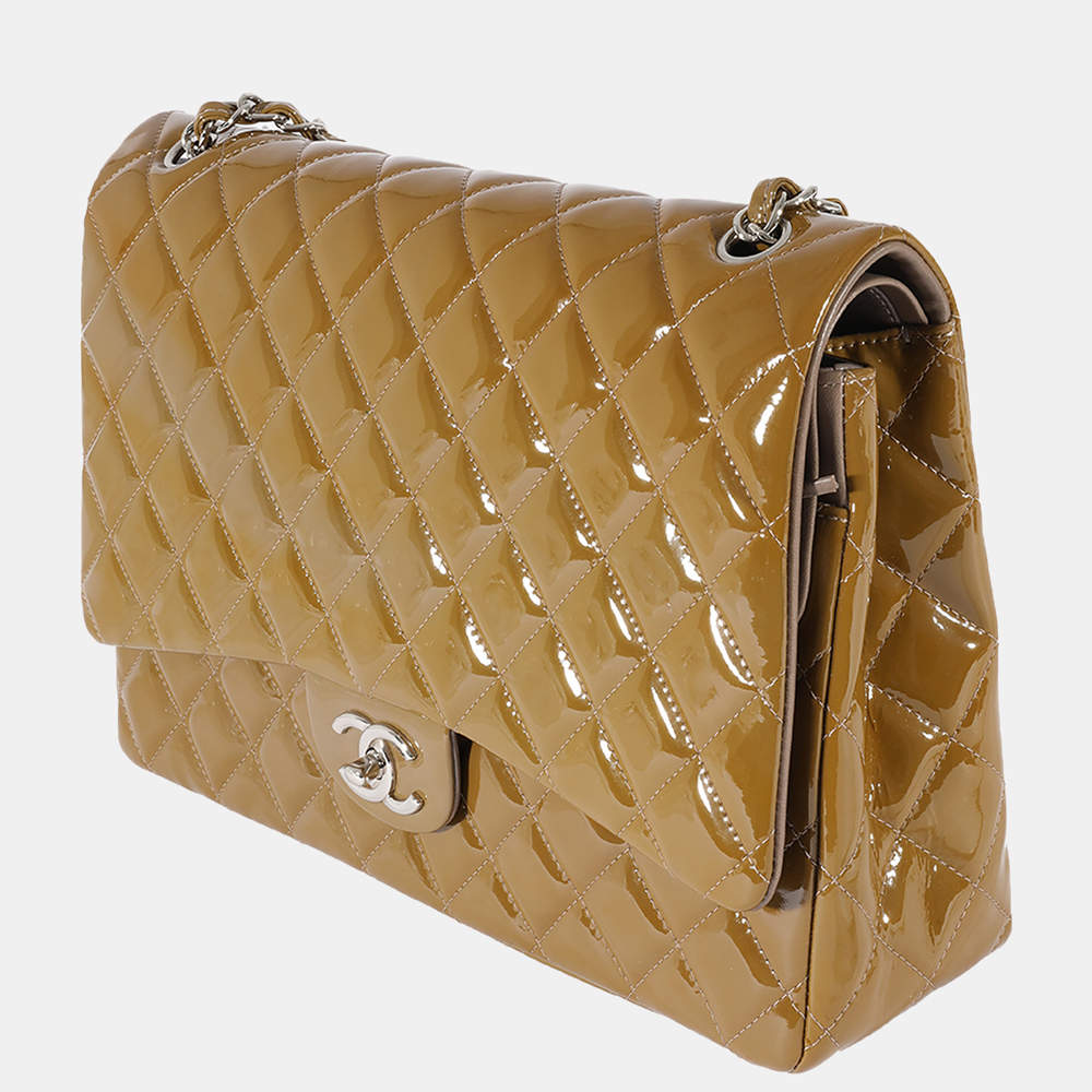 

Chanel Tan Quilted Patent Leather Maxi Double Flap Bag