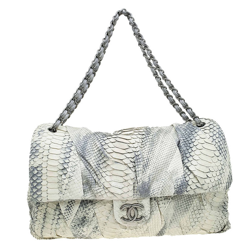 Pre Owned Chanel Cream/Grey Python Jumbo XL Flap Bag