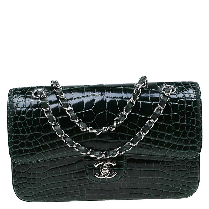 Pre Owned Chanel Dark Green Alligator Medium Classic Double Flap Bag
