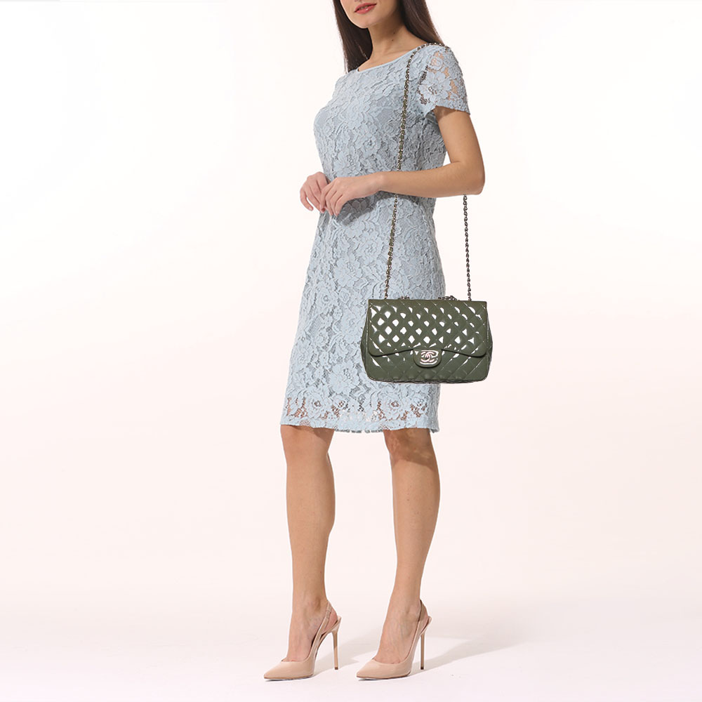 

Chanel Olive Green Patent Leather Jumbo Classic Single Flap Bag, Grey