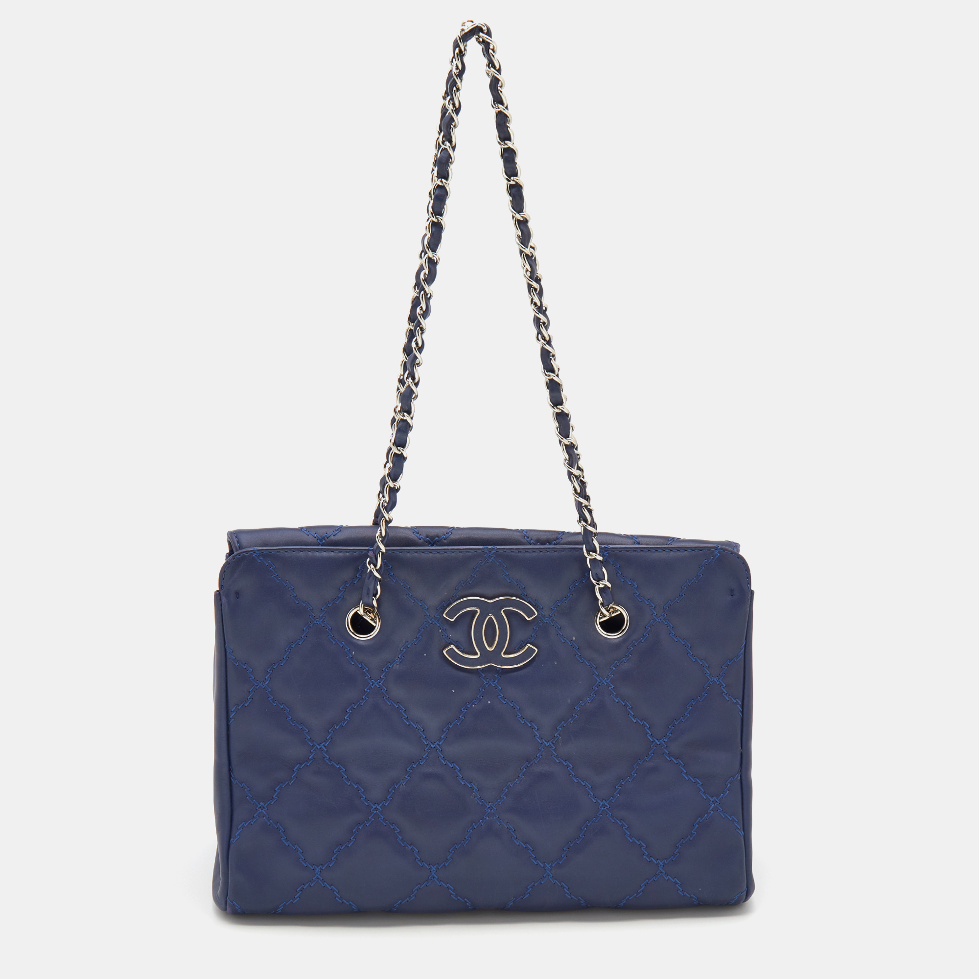 Pre Owned Chanel Blue Quilted Leather Large Shopping Tote