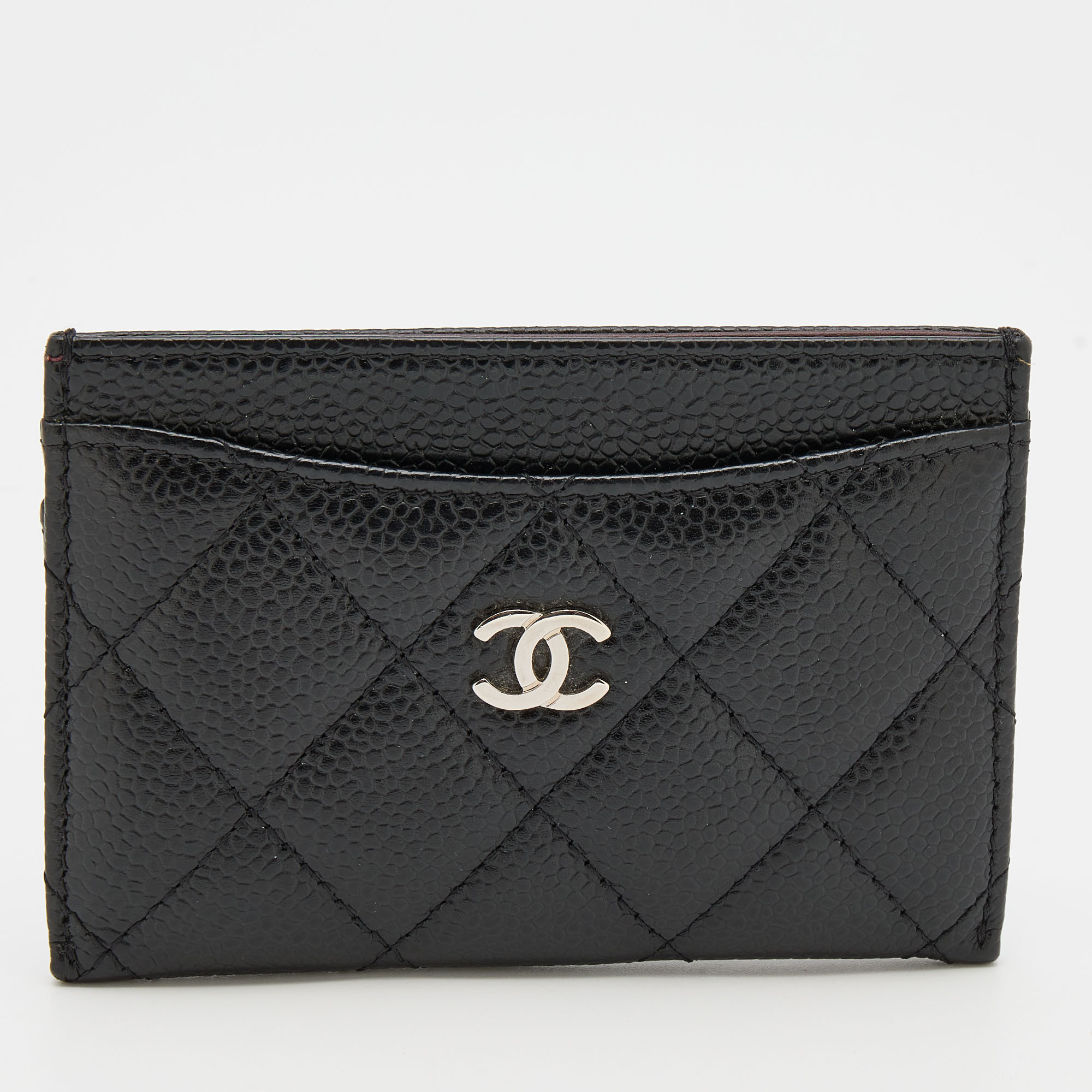 Pre Owned Chanel Black Quilted Caviar Leather CC Card Holder