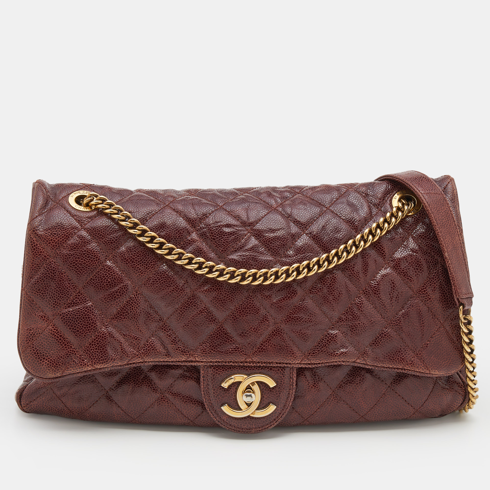Pre Owned Chanel Brown Quilted Glazed Caviar Leather Jumbo Crave Easy Flap Bag