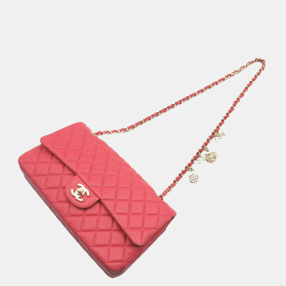 

Chanel Pink Camellia Charm Small Classic Single Flap Bag