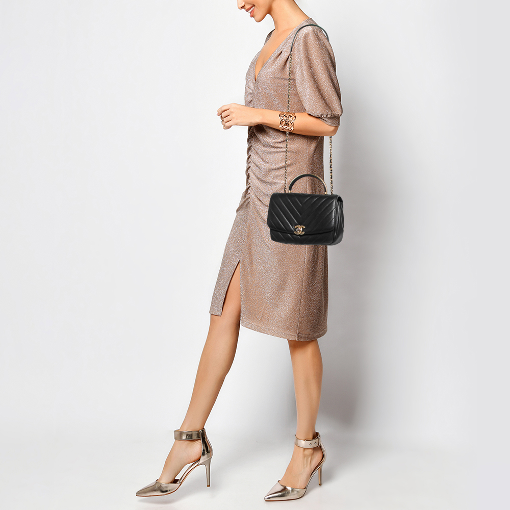 

Chanel Black Chevron Leather Gold Top Handle Flap Bag
