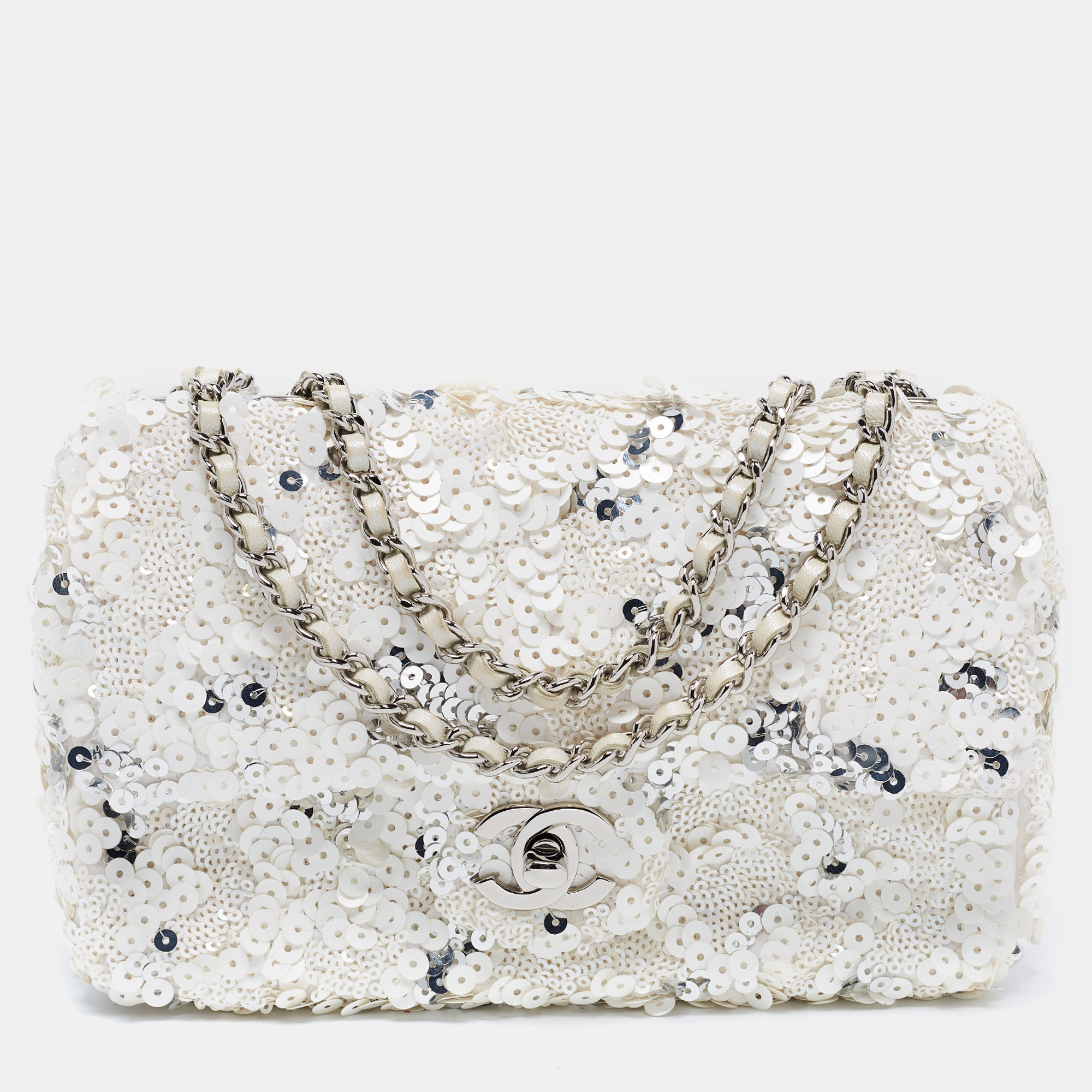 Pre Owned Chanel White Sequins Small Classic Flap Bag