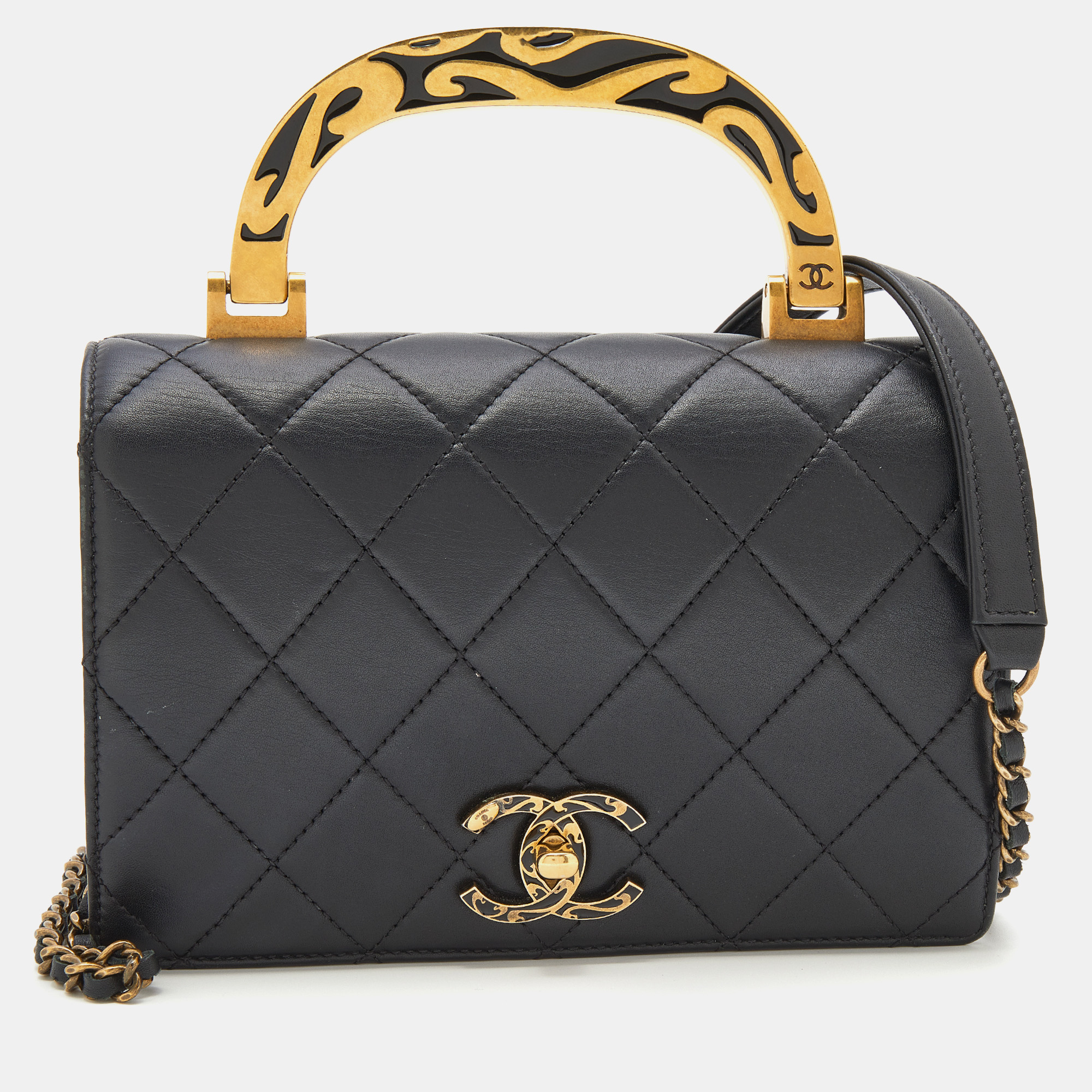 Pre Owned Chanel Black Quilted Leather Enamel Bag