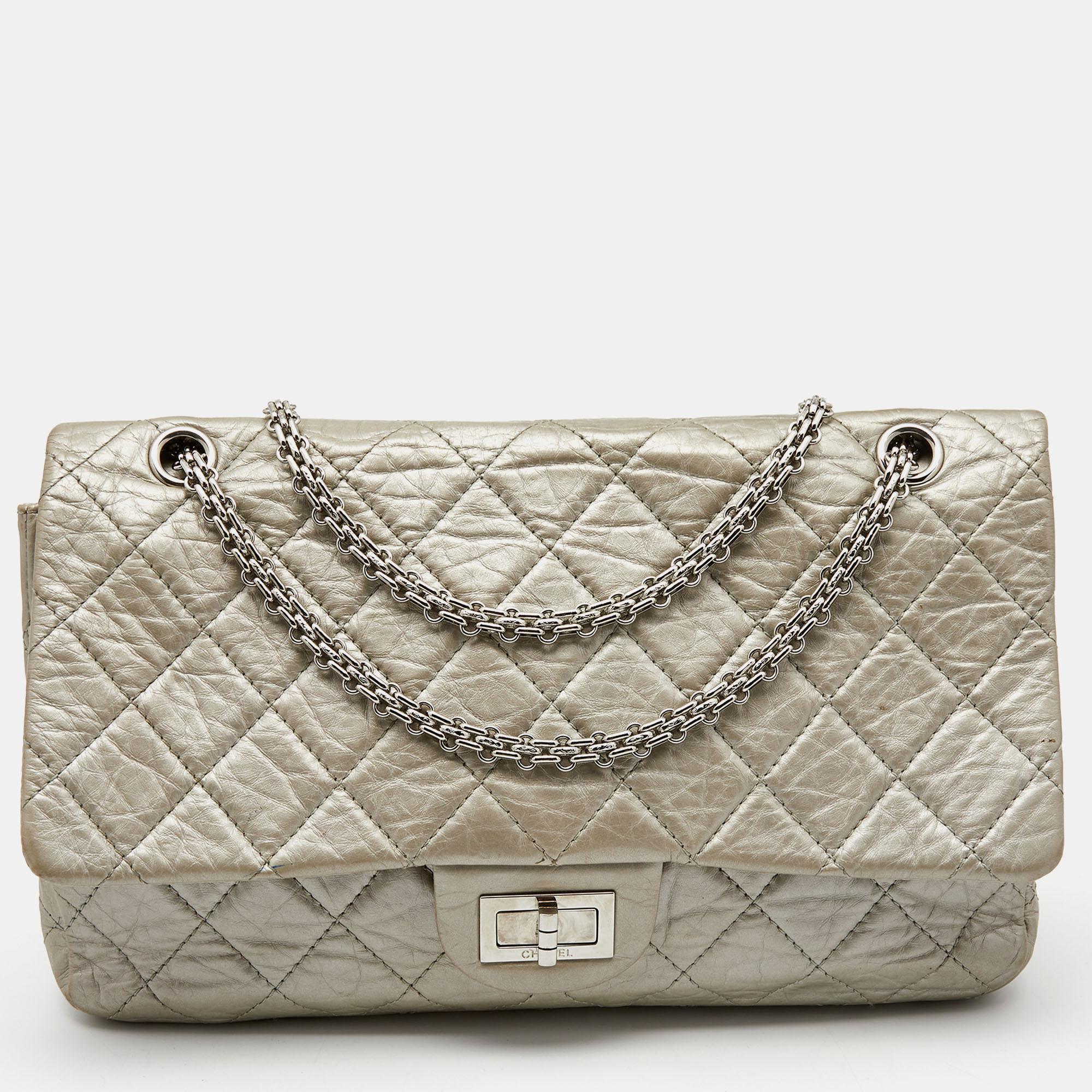 Pre Owned Chanel Metallic Silver Quilted Leather Reissue 2.55 Classic 227 Flap Bag