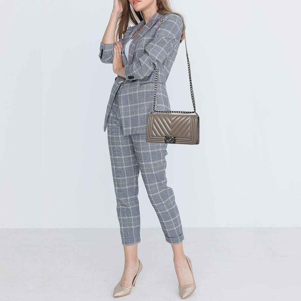 

Chanel Grey Chevron Leather Medium Boy Flap Bag