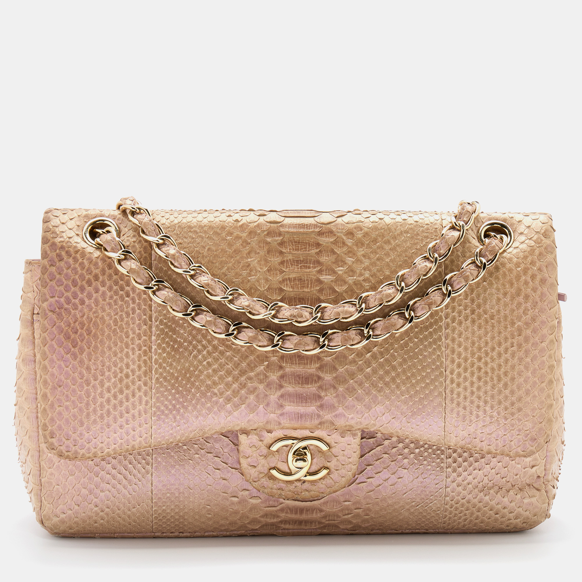 Pre Owned Chanel Pink Holographic Effect Python Leather Jumbo Classic Double Flap Bag